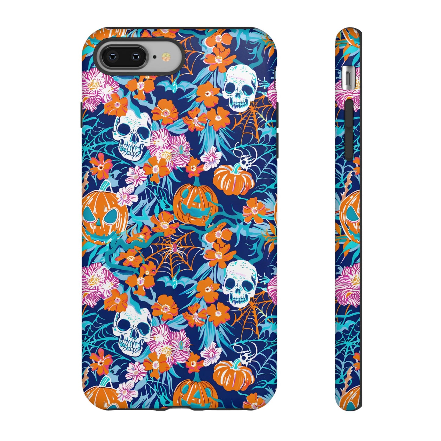 Floral Skulls and Pumpkins Halloween Phone Case – Tough Phone Case – Cute Spooky Design - iPhone 16 - Samsung Galaxy - Google Pixel