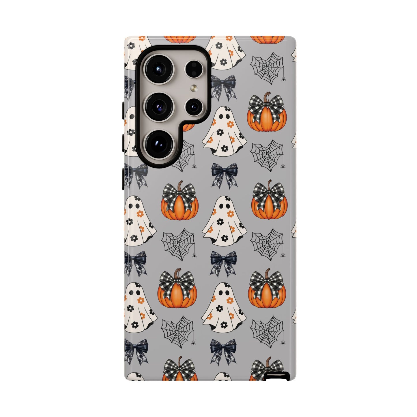 Halloween Ghosts and Pumpkins Gray Phone Case – Tough Phone Case – Cute Spooky Design - iPhone 16 - Samsung Galaxy - Google Pixel