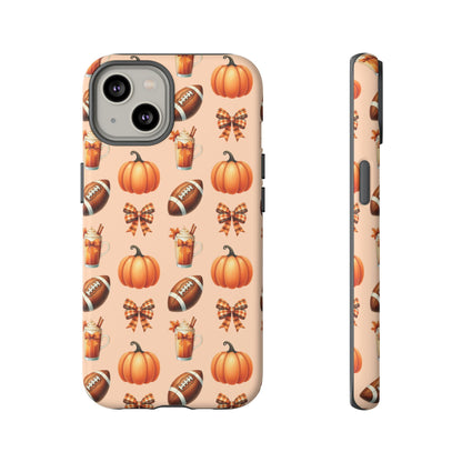 Pumpkins, Footballs, and Bows Fall Autumn Phone Case – Tough Phone Case – Cute Spooky Design - iPhone 16 - Samsung Galaxy - Google Pixel