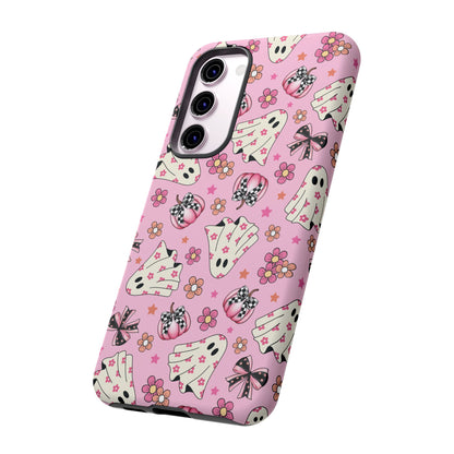 Pink Ghosts and Flowers Halloween Phone Case – Tough Phone Case – Cute Spooky Design - iPhone 16 - Samsung Galaxy - Google Pixel