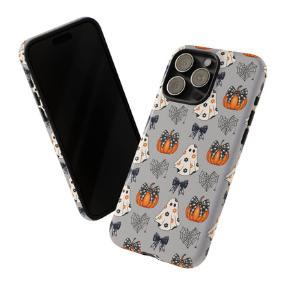 Halloween Ghosts and Pumpkins Gray Phone Case – Tough Phone Case – Cute Spooky Design - iPhone 16 - Samsung Galaxy - Google Pixel