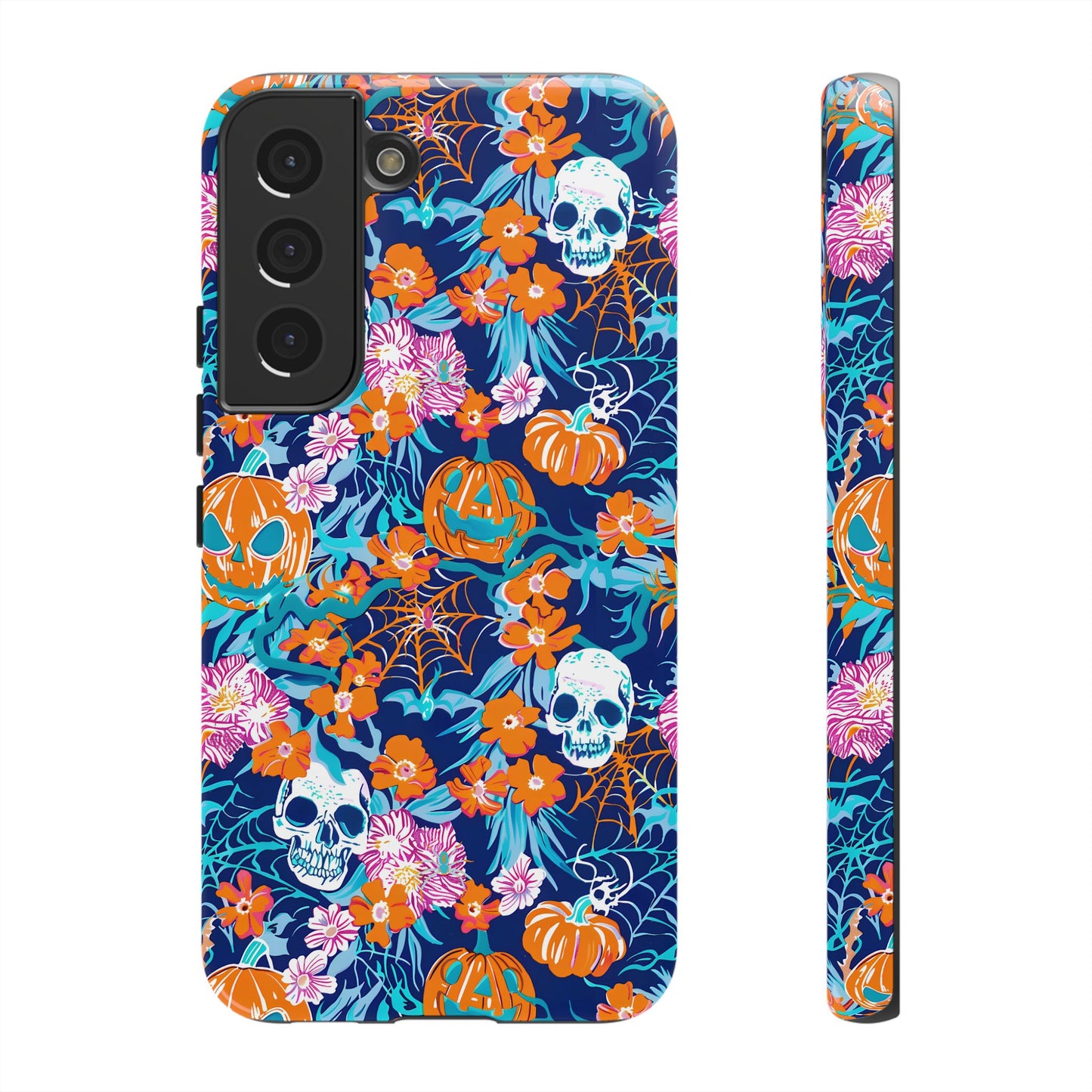 Floral Skulls and Pumpkins Halloween Phone Case – Tough Phone Case – Cute Spooky Design - iPhone 16 - Samsung Galaxy - Google Pixel