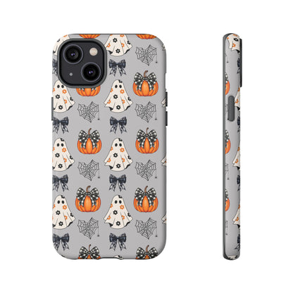 Halloween Ghosts and Pumpkins Gray Phone Case – Tough Phone Case – Cute Spooky Design - iPhone 16 - Samsung Galaxy - Google Pixel