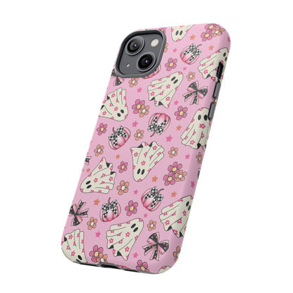 Pink Ghosts and Flowers Halloween Phone Case – Tough Phone Case – Cute Spooky Design - iPhone 16 - Samsung Galaxy - Google Pixel