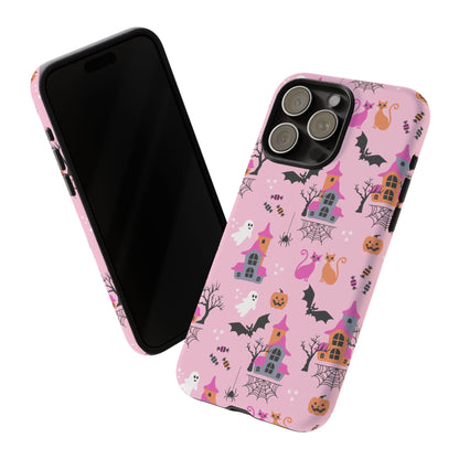 Pink Haunted House and Cats Halloween Phone Case – Tough Phone Case – Cute Spooky Design - iPhone 16 - Samsung Galaxy - Google Pixel