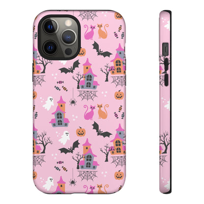 Pink Haunted House and Cats Halloween Phone Case – Tough Phone Case – Cute Spooky Design - iPhone 16 - Samsung Galaxy - Google Pixel