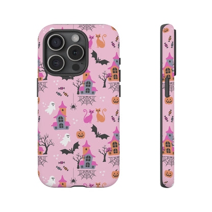 Pink Haunted House and Cats Halloween Phone Case – Tough Phone Case – Cute Spooky Design - iPhone 16 - Samsung Galaxy - Google Pixel