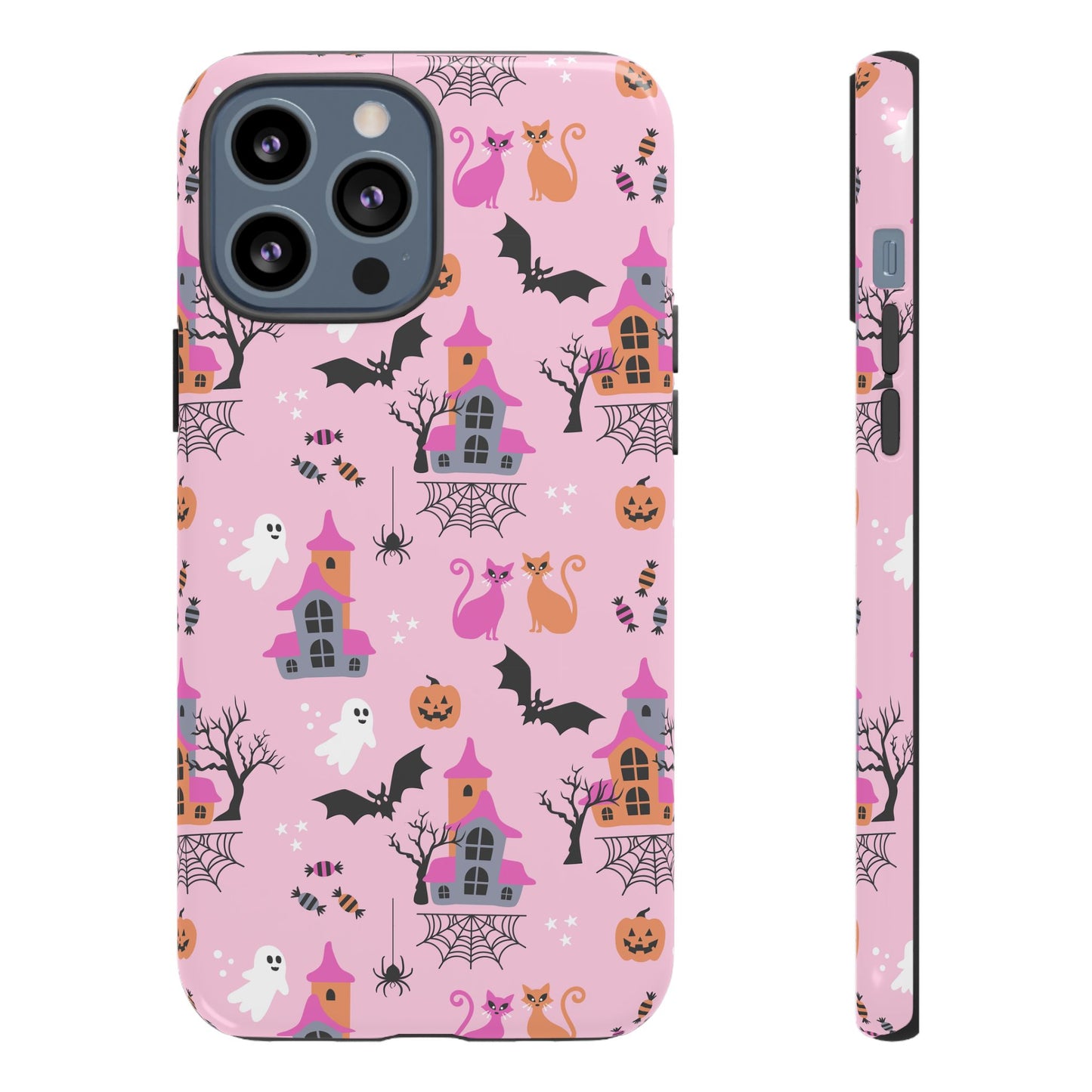 Pink Haunted House and Cats Halloween Phone Case – Tough Phone Case – Cute Spooky Design - iPhone 16 - Samsung Galaxy - Google Pixel