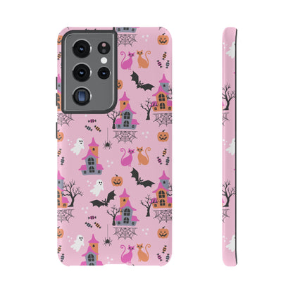 Pink Haunted House and Cats Halloween Phone Case – Tough Phone Case – Cute Spooky Design - iPhone 16 - Samsung Galaxy - Google Pixel