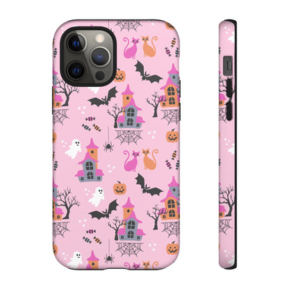 Pink Haunted House and Cats Halloween Phone Case – Tough Phone Case – Cute Spooky Design - iPhone 16 - Samsung Galaxy - Google Pixel