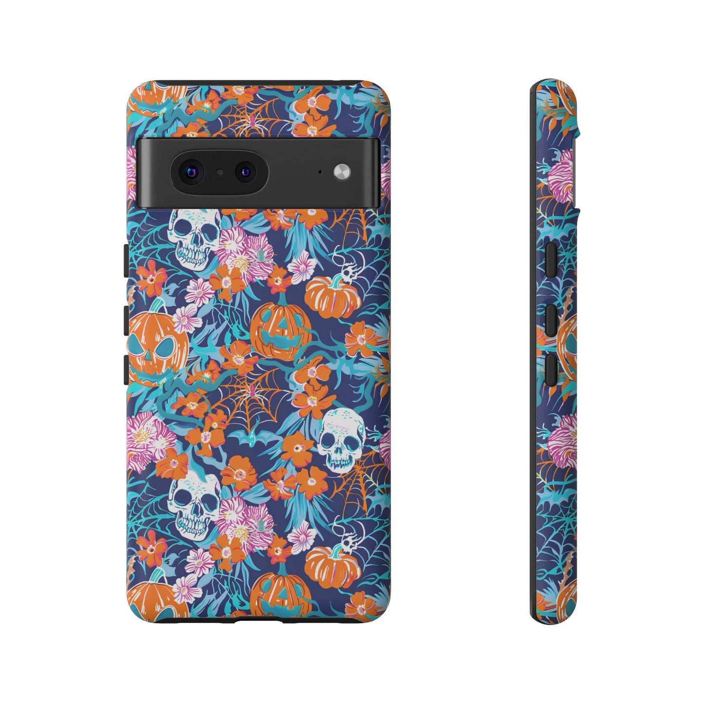 Floral Skulls and Pumpkins Halloween Phone Case – Tough Phone Case – Cute Spooky Design - iPhone 16 - Samsung Galaxy - Google Pixel