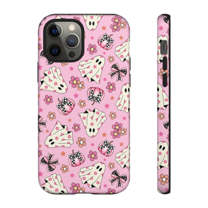 Pink Ghosts and Flowers Halloween Phone Case – Tough Phone Case – Cute Spooky Design - iPhone 16 - Samsung Galaxy - Google Pixel