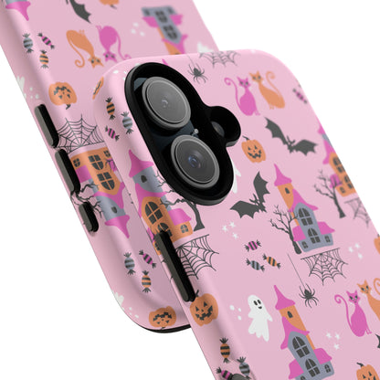 Pink Haunted House and Cats Halloween Phone Case – Tough Phone Case – Cute Spooky Design - iPhone 16 - Samsung Galaxy - Google Pixel