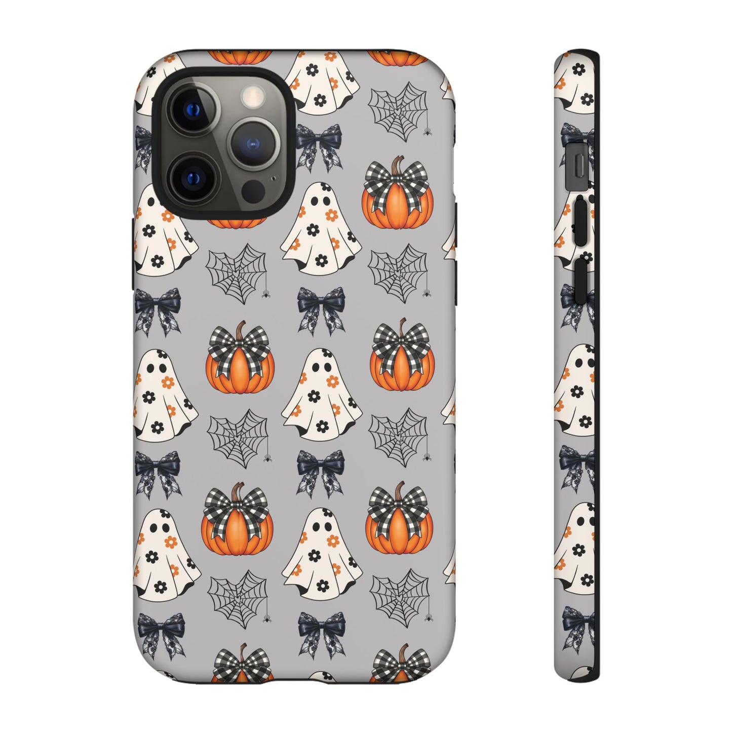 Halloween Ghosts and Pumpkins Gray Phone Case – Tough Phone Case – Cute Spooky Design - iPhone 16 - Samsung Galaxy - Google Pixel