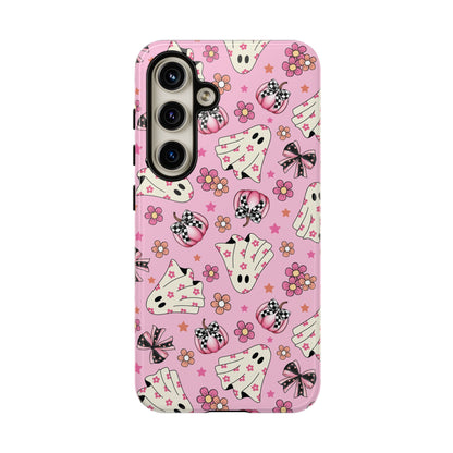 Pink Ghosts and Flowers Halloween Phone Case – Tough Phone Case – Cute Spooky Design - iPhone 16 - Samsung Galaxy - Google Pixel