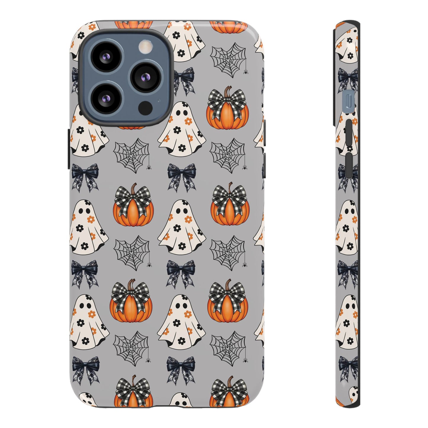 Halloween Ghosts and Pumpkins Gray Phone Case – Tough Phone Case – Cute Spooky Design - iPhone 16 - Samsung Galaxy - Google Pixel