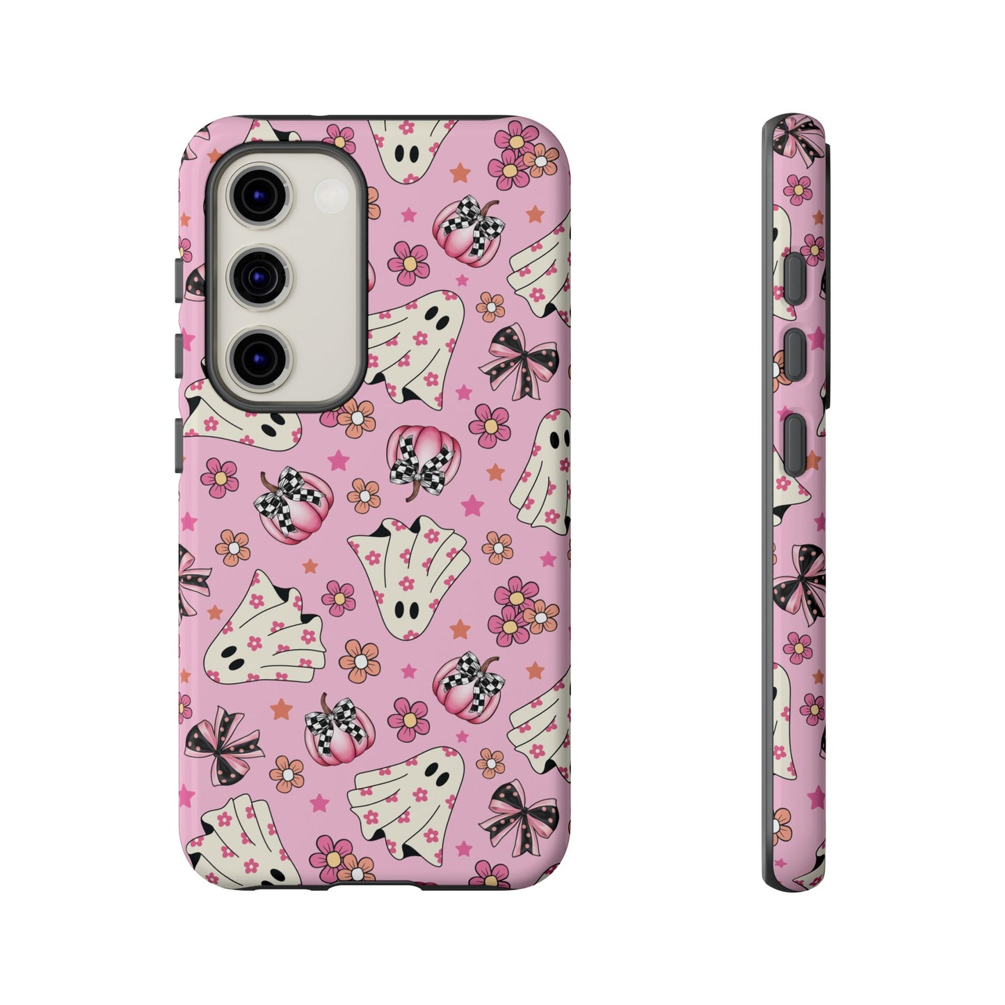 Pink Ghosts and Flowers Halloween Phone Case – Tough Phone Case – Cute Spooky Design - iPhone 16 - Samsung Galaxy - Google Pixel