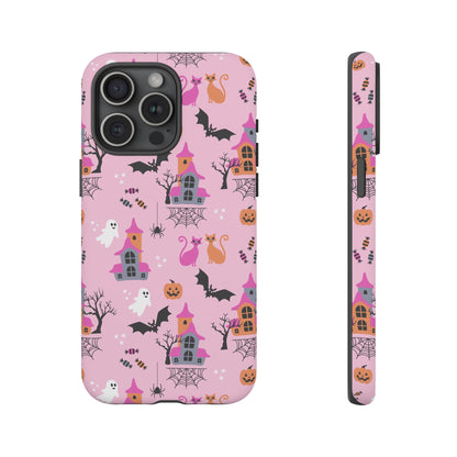 Pink Haunted House and Cats Halloween Phone Case – Tough Phone Case – Cute Spooky Design - iPhone 16 - Samsung Galaxy - Google Pixel