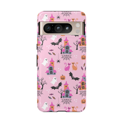 Pink Haunted House and Cats Halloween Phone Case – Tough Phone Case – Cute Spooky Design - iPhone 16 - Samsung Galaxy - Google Pixel