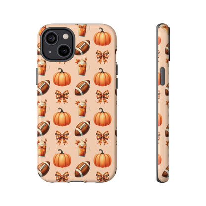 Pumpkins, Footballs, and Bows Fall Autumn Phone Case – Tough Phone Case – Cute Spooky Design - iPhone 16 - Samsung Galaxy - Google Pixel