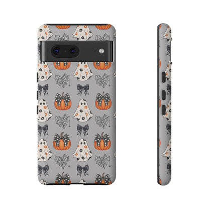 Halloween Ghosts and Pumpkins Gray Phone Case – Tough Phone Case – Cute Spooky Design - iPhone 16 - Samsung Galaxy - Google Pixel