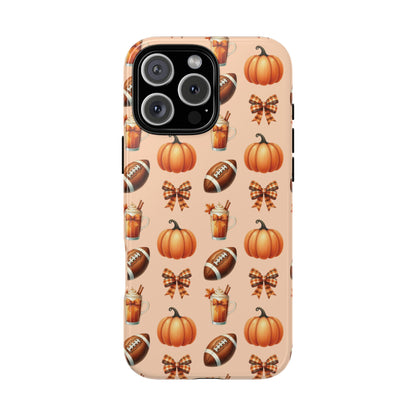 Pumpkins, Footballs, and Bows Fall Autumn Phone Case – Tough Phone Case – Cute Spooky Design - iPhone 16 - Samsung Galaxy - Google Pixel