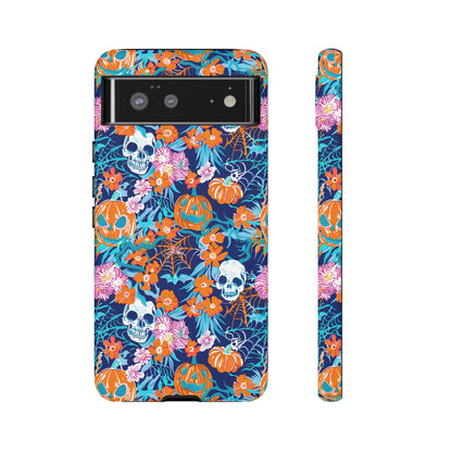 Floral Skulls and Pumpkins Halloween Phone Case – Tough Phone Case – Cute Spooky Design - iPhone 16 - Samsung Galaxy - Google Pixel