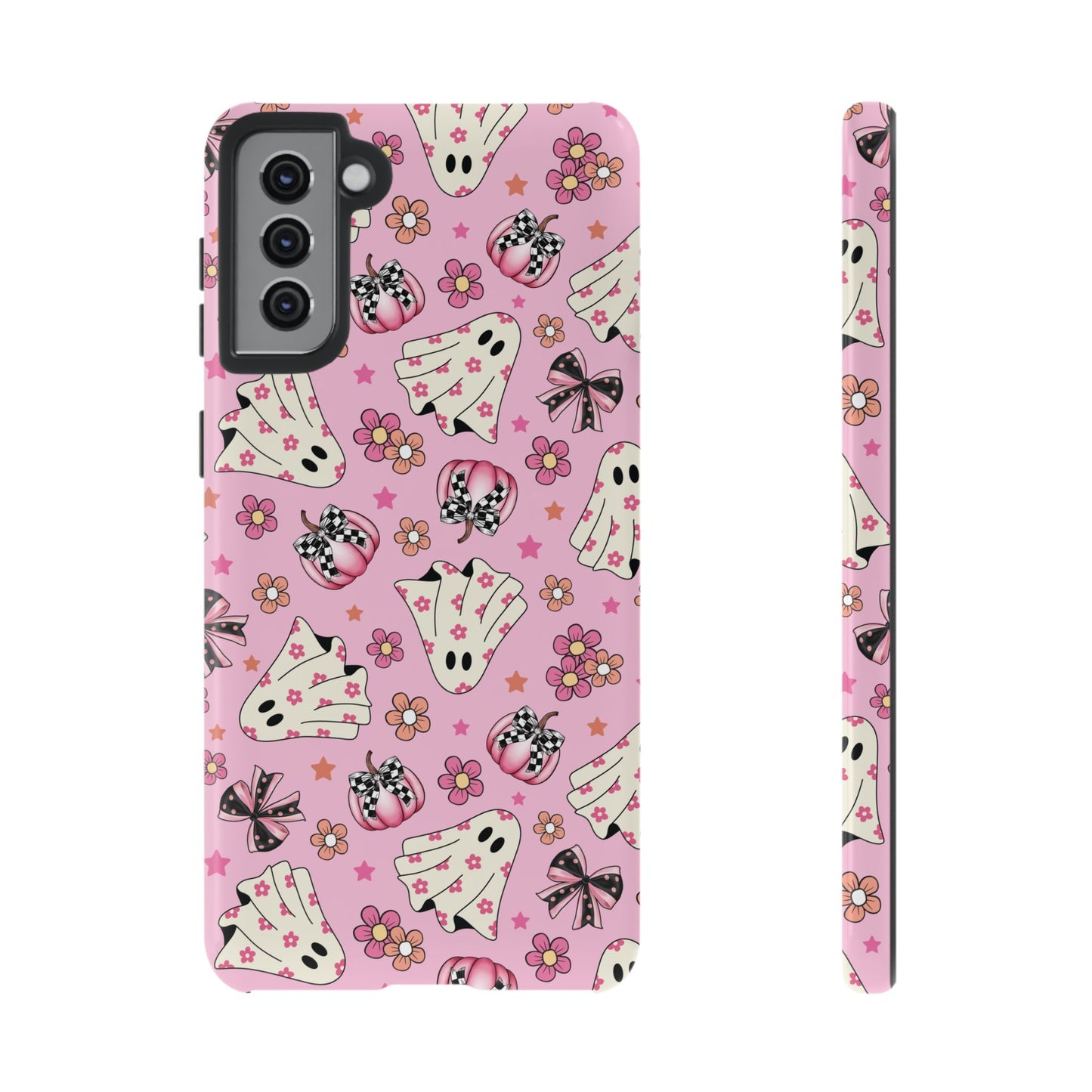 Pink Ghosts and Flowers Halloween Phone Case – Tough Phone Case – Cute Spooky Design - iPhone 16 - Samsung Galaxy - Google Pixel