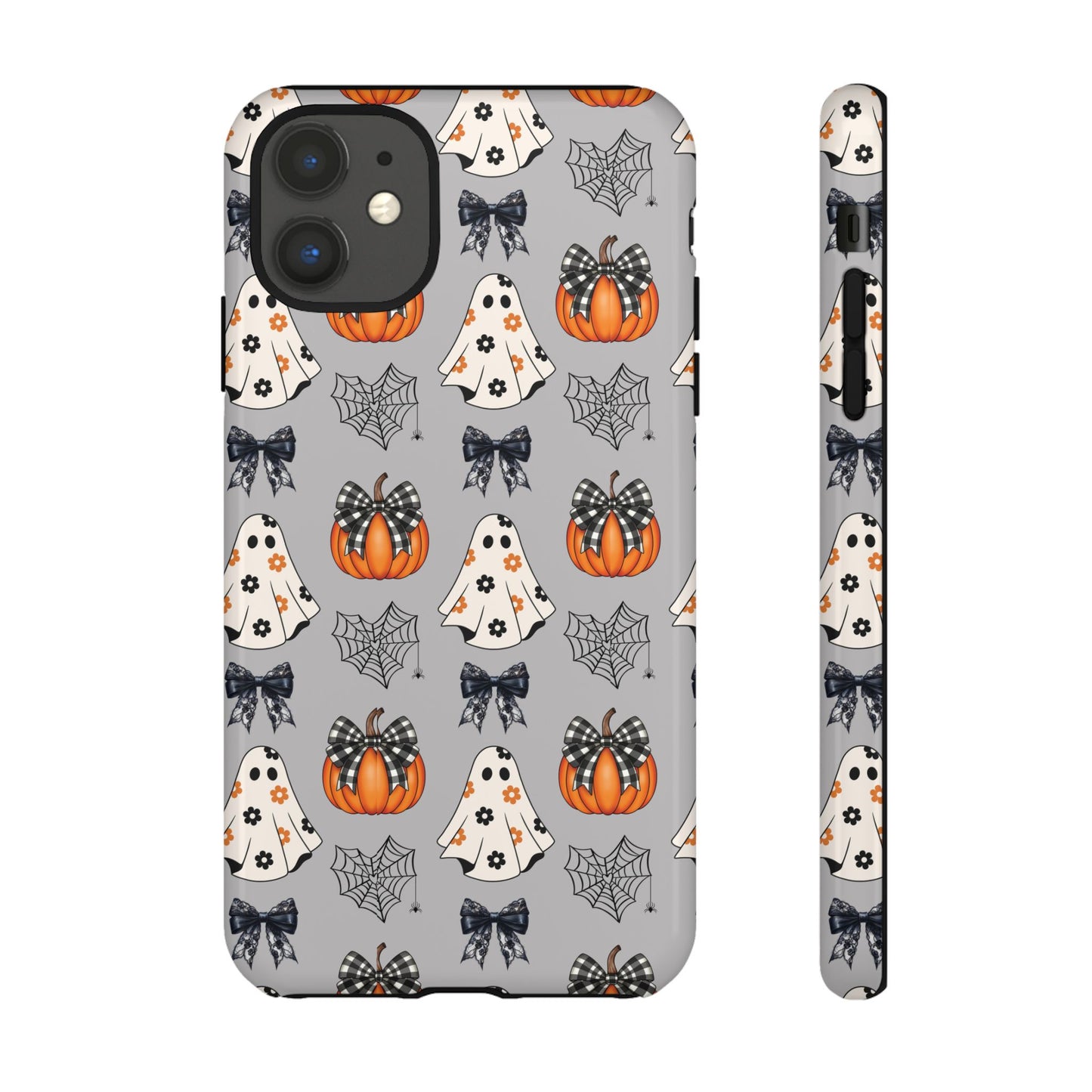 Halloween Ghosts and Pumpkins Gray Phone Case – Tough Phone Case – Cute Spooky Design - iPhone 16 - Samsung Galaxy - Google Pixel