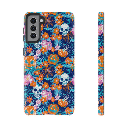 Floral Skulls and Pumpkins Halloween Phone Case – Tough Phone Case – Cute Spooky Design - iPhone 16 - Samsung Galaxy - Google Pixel