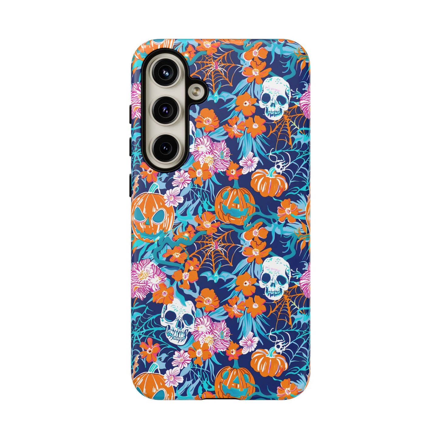 Floral Skulls and Pumpkins Halloween Phone Case – Tough Phone Case – Cute Spooky Design - iPhone 16 - Samsung Galaxy - Google Pixel