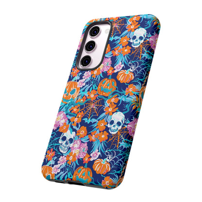 Floral Skulls and Pumpkins Halloween Phone Case – Tough Phone Case – Cute Spooky Design - iPhone 16 - Samsung Galaxy - Google Pixel