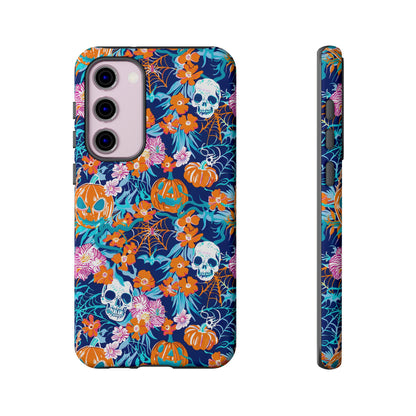 Floral Skulls and Pumpkins Halloween Phone Case – Tough Phone Case – Cute Spooky Design - iPhone 16 - Samsung Galaxy - Google Pixel