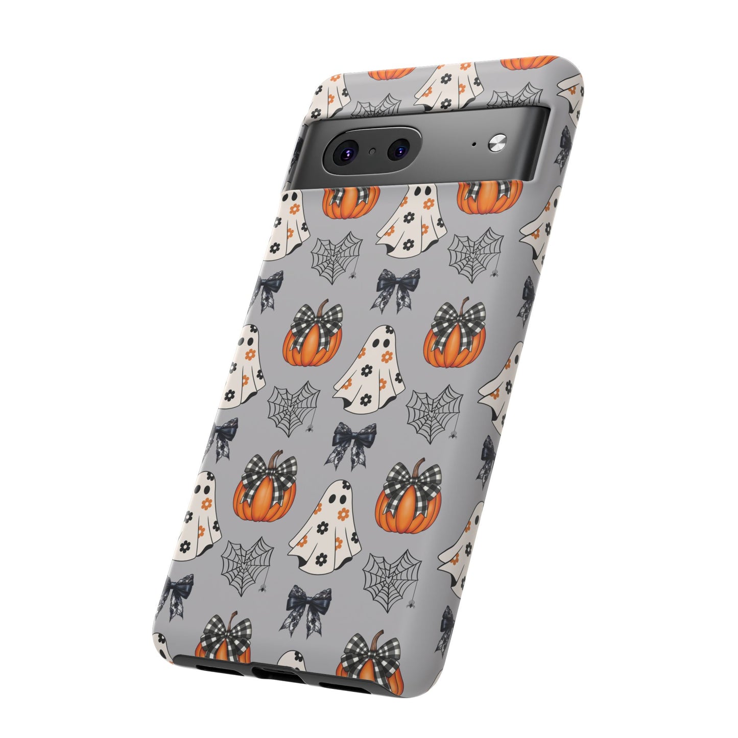 Halloween Ghosts and Pumpkins Gray Phone Case – Tough Phone Case – Cute Spooky Design - iPhone 16 - Samsung Galaxy - Google Pixel