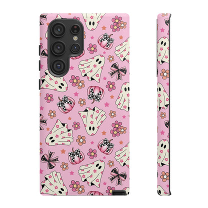 Pink Ghosts and Flowers Halloween Phone Case – Tough Phone Case – Cute Spooky Design - iPhone 16 - Samsung Galaxy - Google Pixel