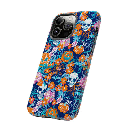 Floral Skulls and Pumpkins Halloween Phone Case – Tough Phone Case – Cute Spooky Design - iPhone 16 - Samsung Galaxy - Google Pixel