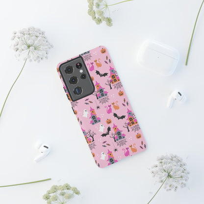 Pink Haunted House and Cats Halloween Phone Case – Tough Phone Case – Cute Spooky Design - iPhone 16 - Samsung Galaxy - Google Pixel