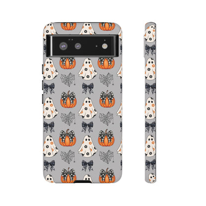 Halloween Ghosts and Pumpkins Gray Phone Case – Tough Phone Case – Cute Spooky Design - iPhone 16 - Samsung Galaxy - Google Pixel