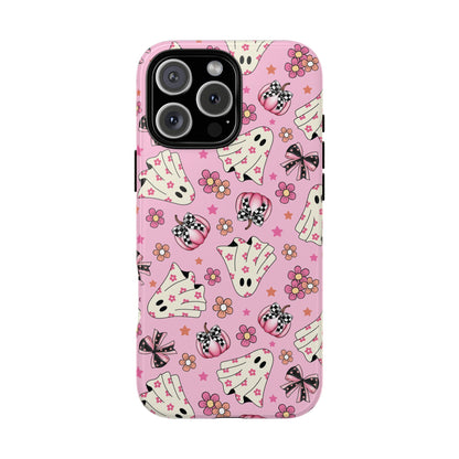 Pink Ghosts and Flowers Halloween Phone Case – Tough Phone Case – Cute Spooky Design - iPhone 16 - Samsung Galaxy - Google Pixel