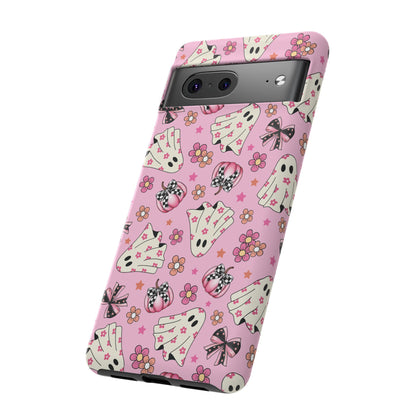 Pink Ghosts and Flowers Halloween Phone Case – Tough Phone Case – Cute Spooky Design - iPhone 16 - Samsung Galaxy - Google Pixel