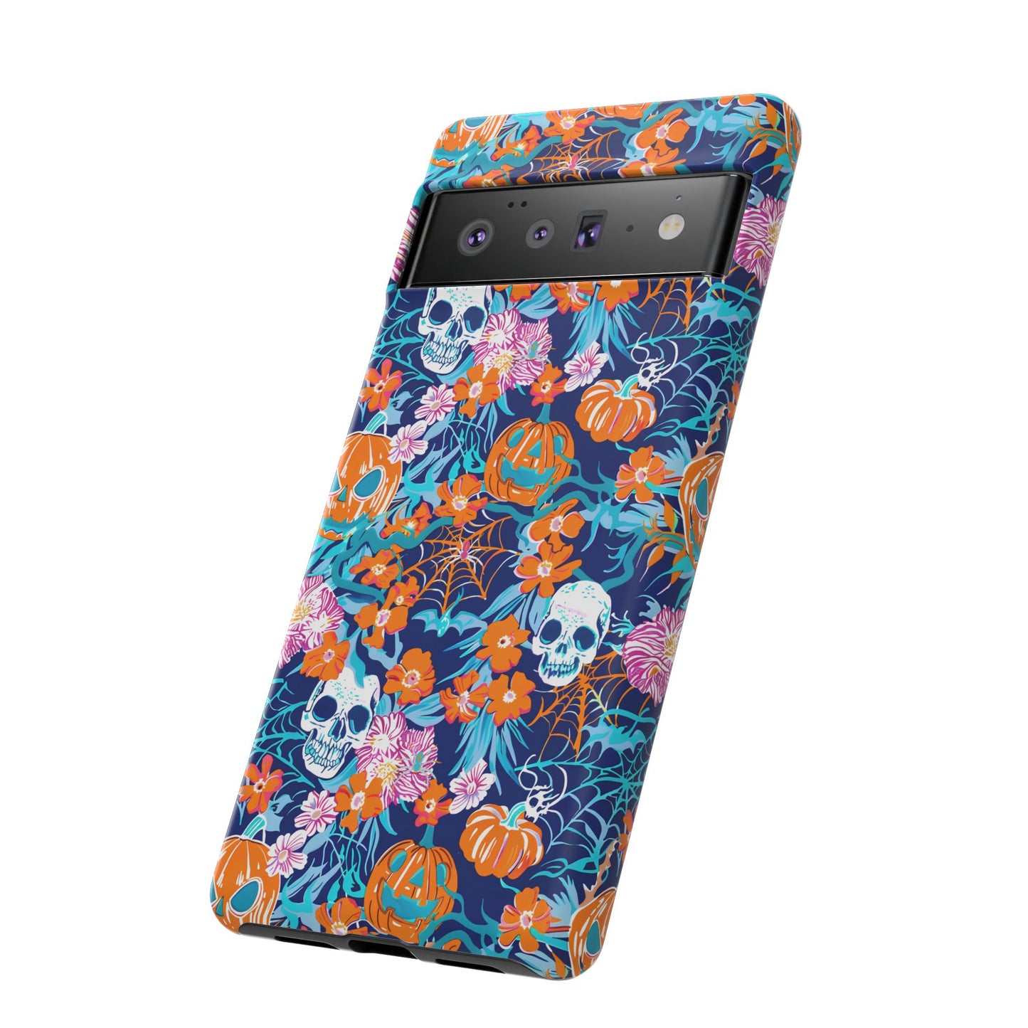 Floral Skulls and Pumpkins Halloween Phone Case – Tough Phone Case – Cute Spooky Design - iPhone 16 - Samsung Galaxy - Google Pixel