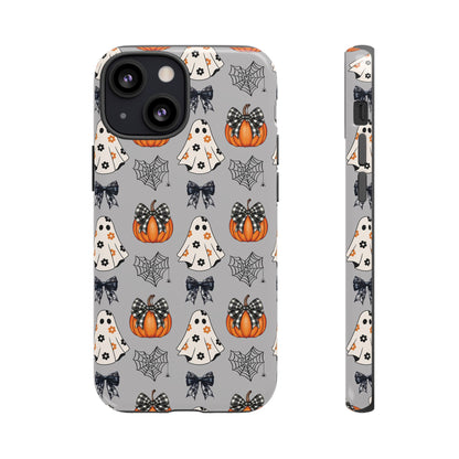 Halloween Ghosts and Pumpkins Gray Phone Case – Tough Phone Case – Cute Spooky Design - iPhone 16 - Samsung Galaxy - Google Pixel