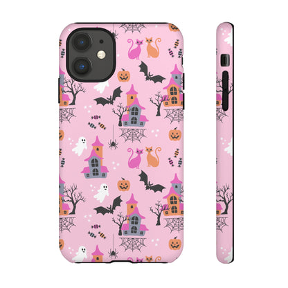 Pink Haunted House and Cats Halloween Phone Case – Tough Phone Case – Cute Spooky Design - iPhone 16 - Samsung Galaxy - Google Pixel