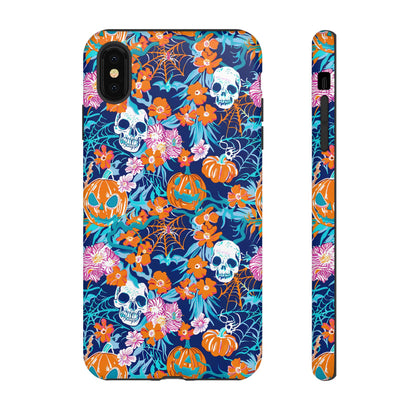 Floral Skulls and Pumpkins Halloween Phone Case – Tough Phone Case – Cute Spooky Design - iPhone 16 - Samsung Galaxy - Google Pixel