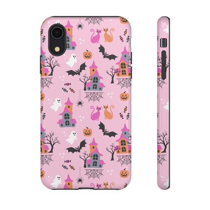 Pink Haunted House and Cats Halloween Phone Case – Tough Phone Case – Cute Spooky Design - iPhone 16 - Samsung Galaxy - Google Pixel