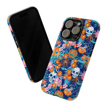 Floral Skulls and Pumpkins Halloween Phone Case – Tough Phone Case – Cute Spooky Design - iPhone 16 - Samsung Galaxy - Google Pixel