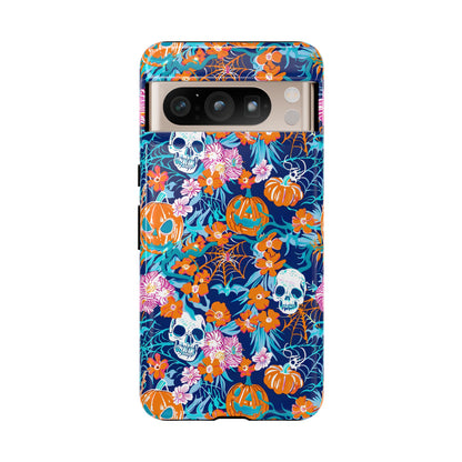 Floral Skulls and Pumpkins Halloween Phone Case – Tough Phone Case – Cute Spooky Design - iPhone 16 - Samsung Galaxy - Google Pixel