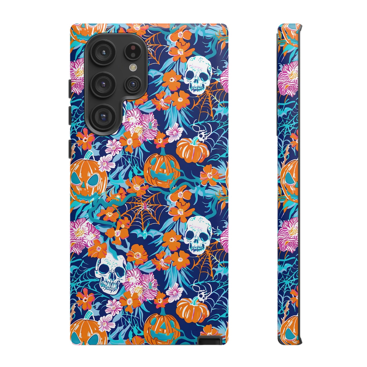 Floral Skulls and Pumpkins Halloween Phone Case – Tough Phone Case – Cute Spooky Design - iPhone 16 - Samsung Galaxy - Google Pixel