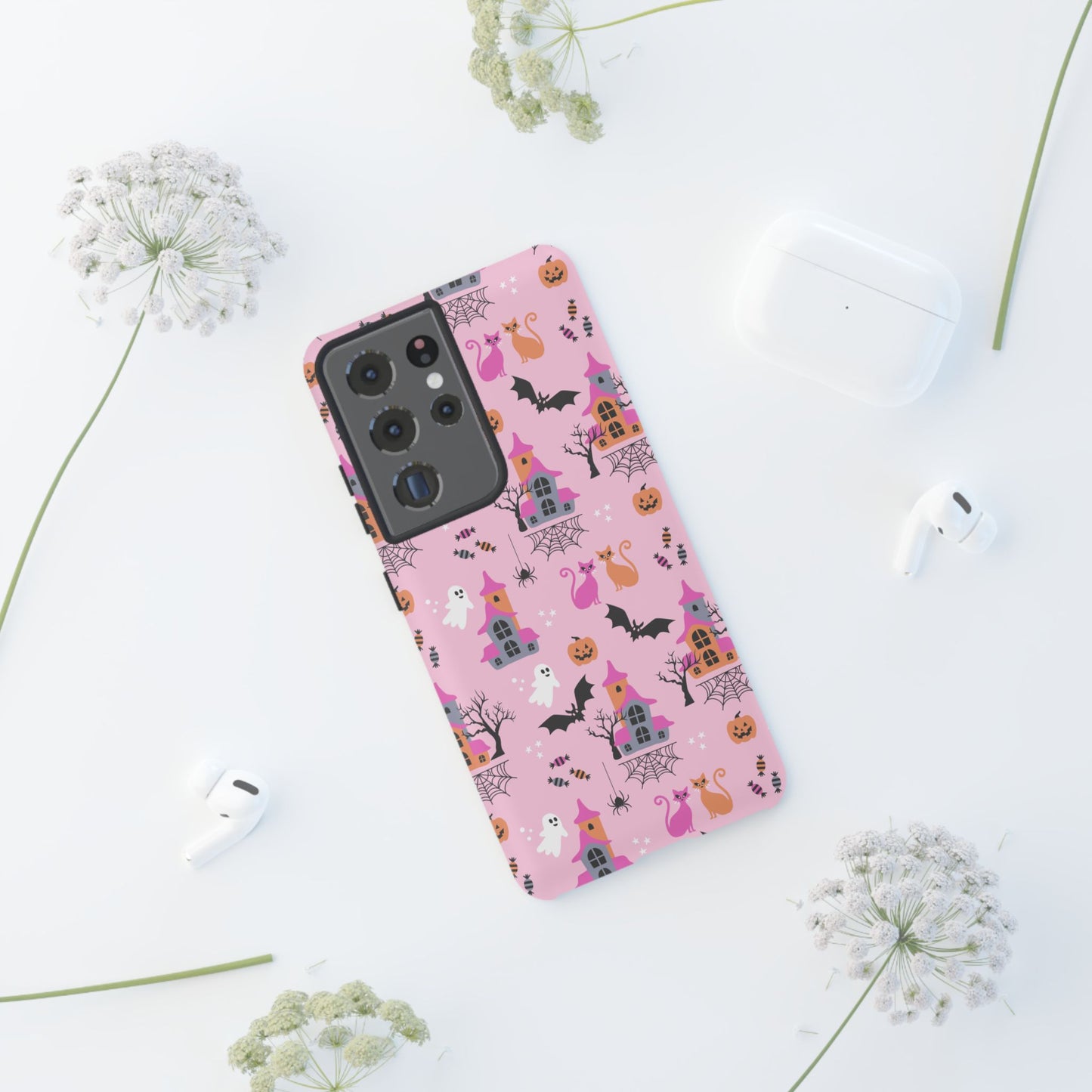 Pink Haunted House and Cats Halloween Phone Case – Tough Phone Case – Cute Spooky Design - iPhone 16 - Samsung Galaxy - Google Pixel