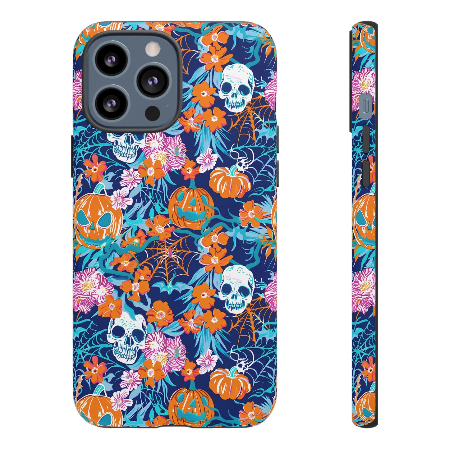 Floral Skulls and Pumpkins Halloween Phone Case – Tough Phone Case – Cute Spooky Design - iPhone 16 - Samsung Galaxy - Google Pixel